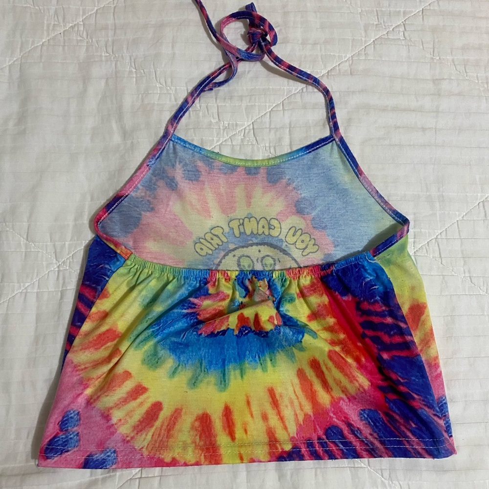 Tie dye cropped tank top, “can’t trip with us” size Small, great condition!